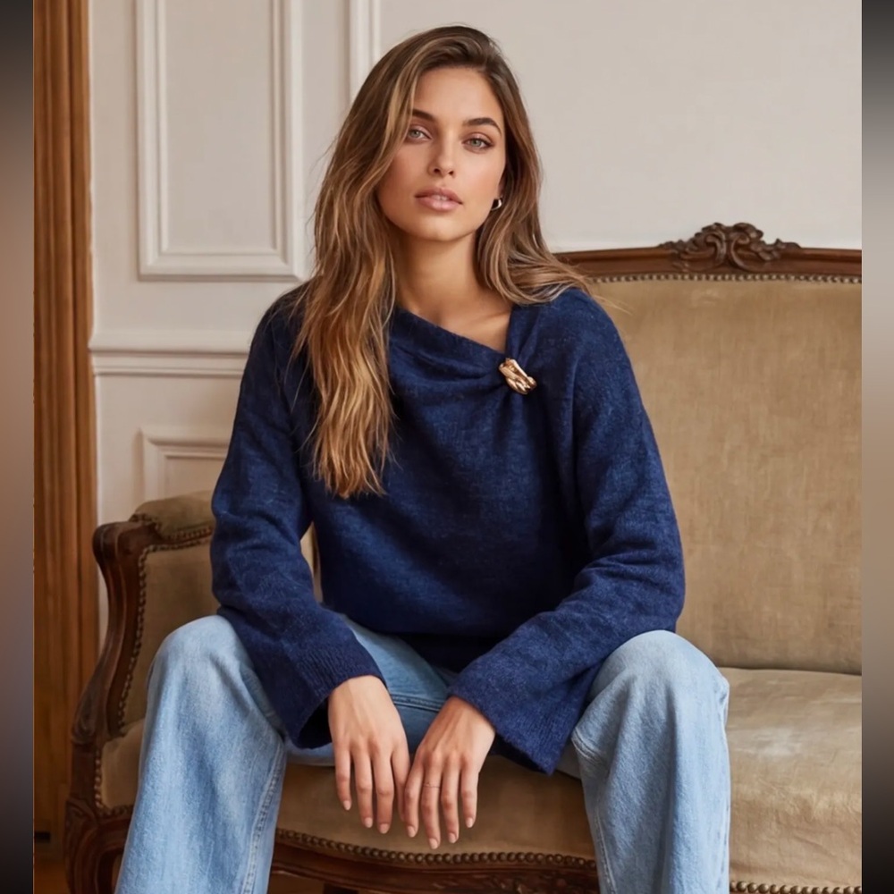 ShopEvelynne Navy Blue Cozy Knit Sweater with Decorative Pin